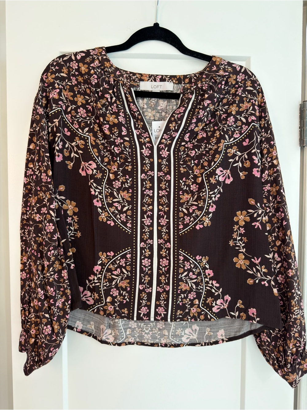 LOFT Brown Floral Peasant Blouse with Pink & Tan Flowers